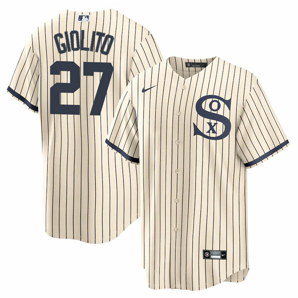 Men's Chicago White Sox #27 Lucas Giolito 2021 Cream/Navy Name&Number Field of Dreams Cool Base Stitched Jersey